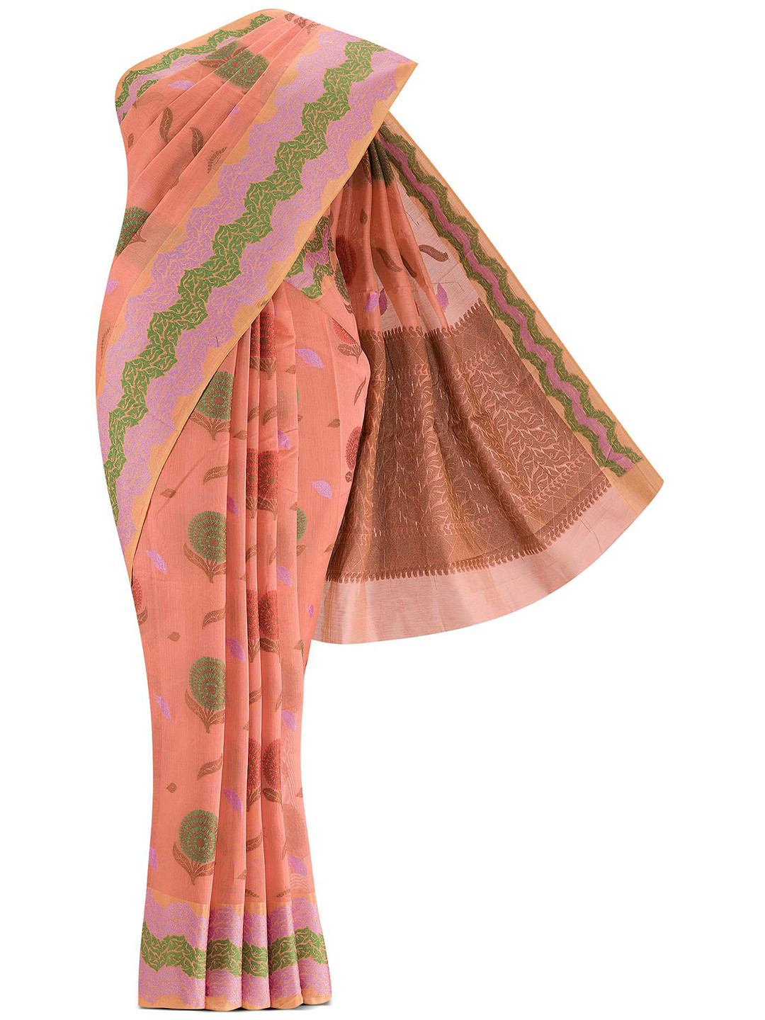 

Nalli Next Coral & Green Floral Zari Silk Cotton Banarasi Saree