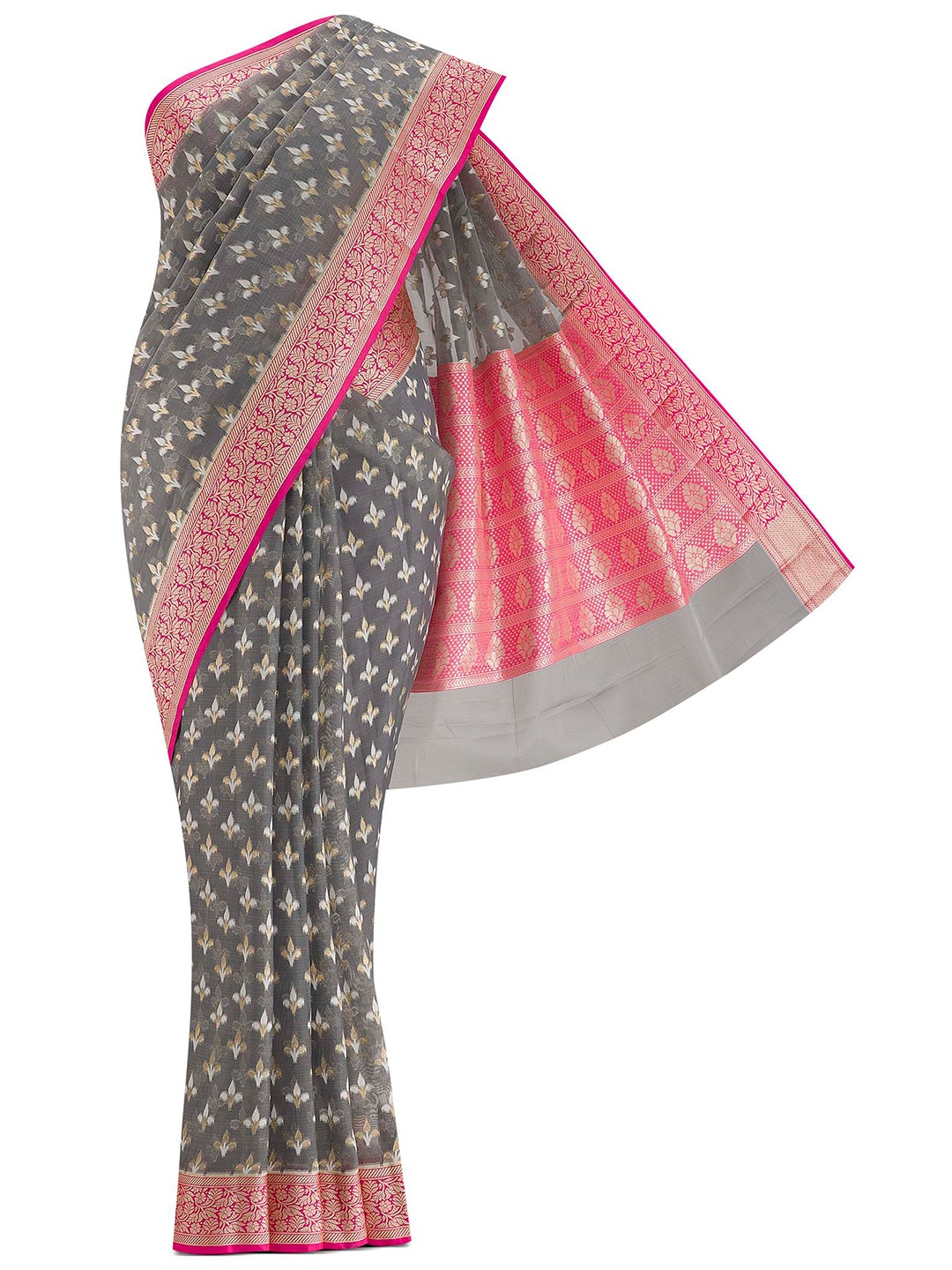 

Nalli Next Grey & Pink Woven Design Zari Organza Saree