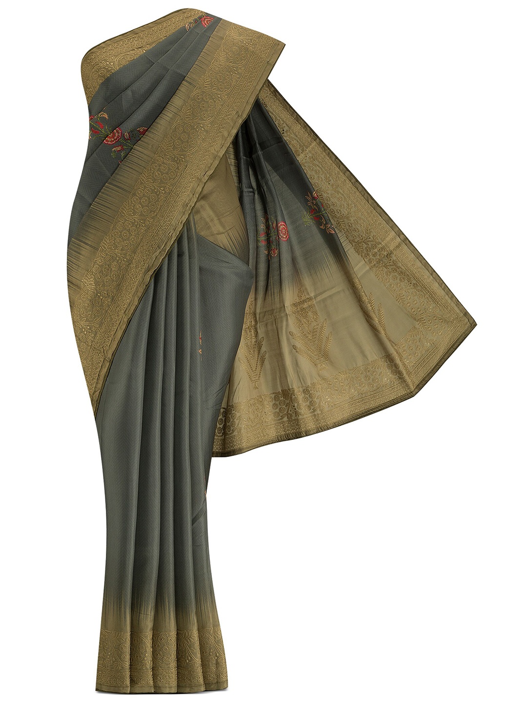 

Nalli Next Gold-Toned Floral Embroidered Silk Blend Tussar Saree
