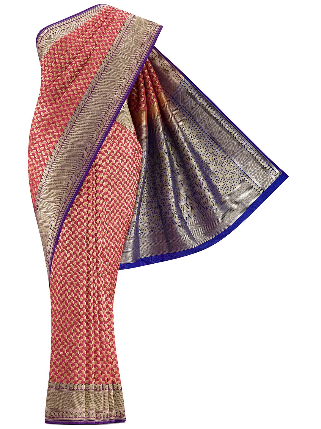 

Nalli Next Coral & Purple Woven Design Zari Art Silk Banarasi Saree