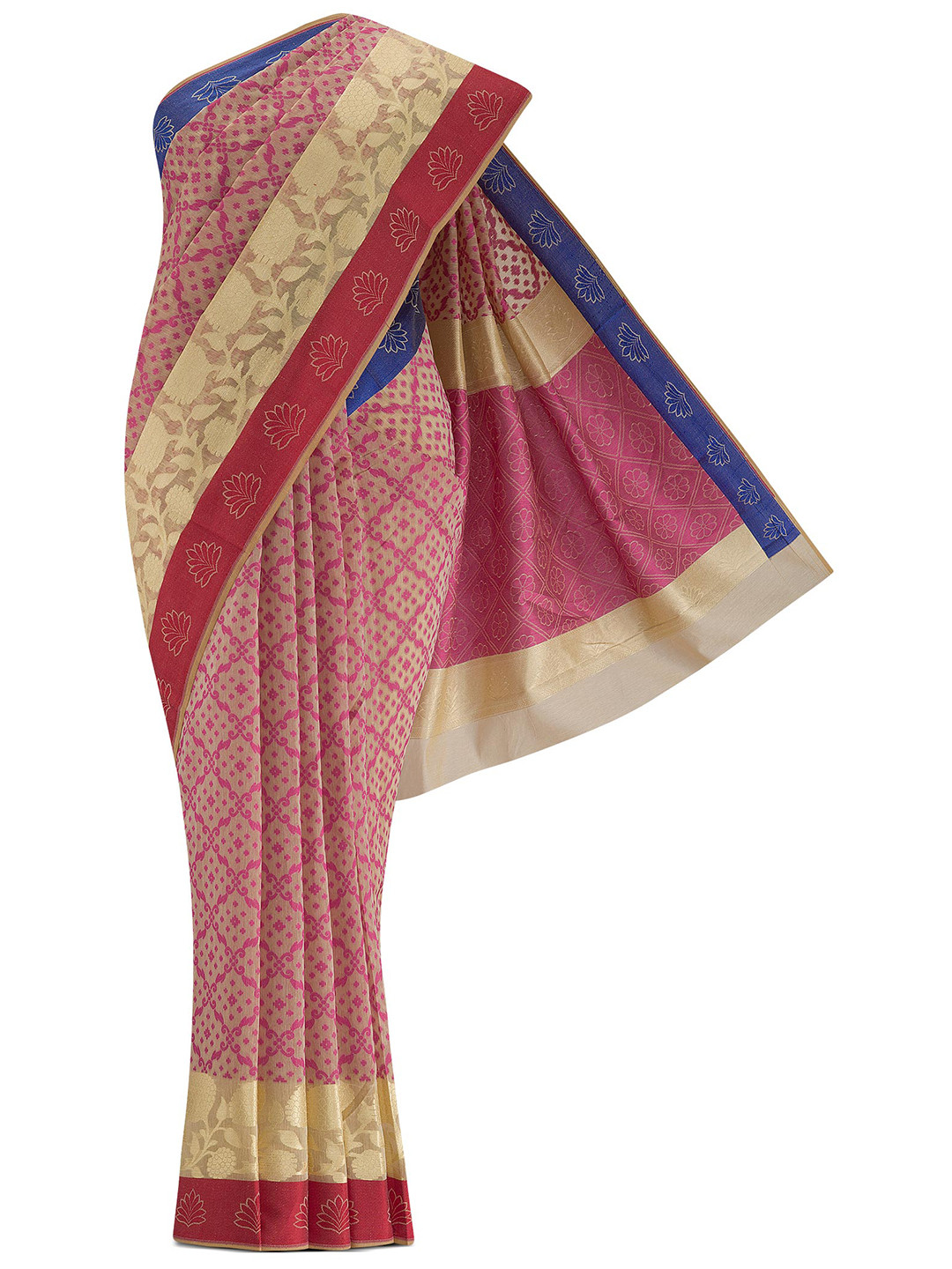 

Nalli Next Cream-Coloured & Pink Ethnic Motifs Zari Silk Cotton Banarasi Saree