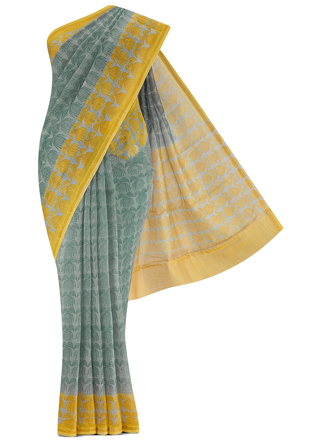 

Nalli Next Grey & Yellow Floral Silk Cotton Saree