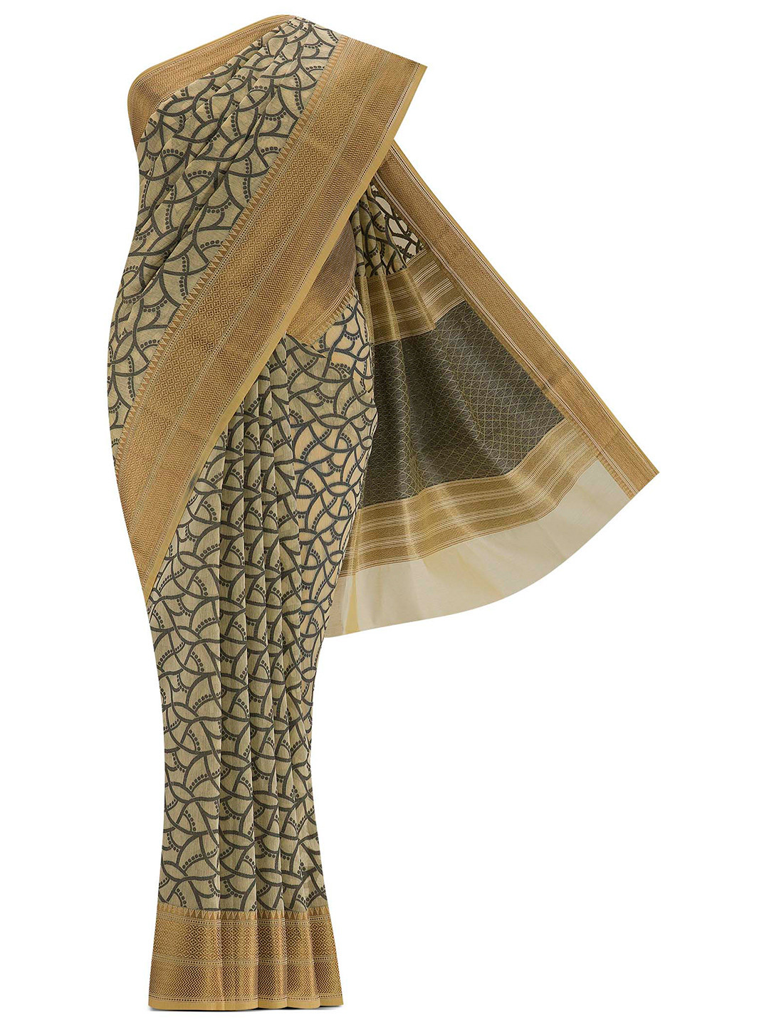 

Nalli Next Beige & Black Woven Design Zari Silk Cotton Banarasi Saree