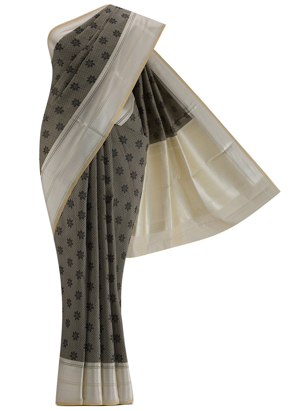 

Nalli Next Black & Silver-Toned Woven Design Zari Silk Cotton Banarasi Saree