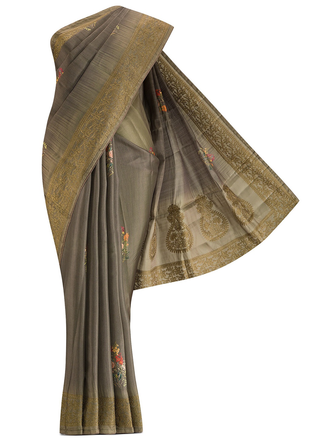 

Nalli Next Green & Grey Floral Embroidered Silk Blend Tussar Saree