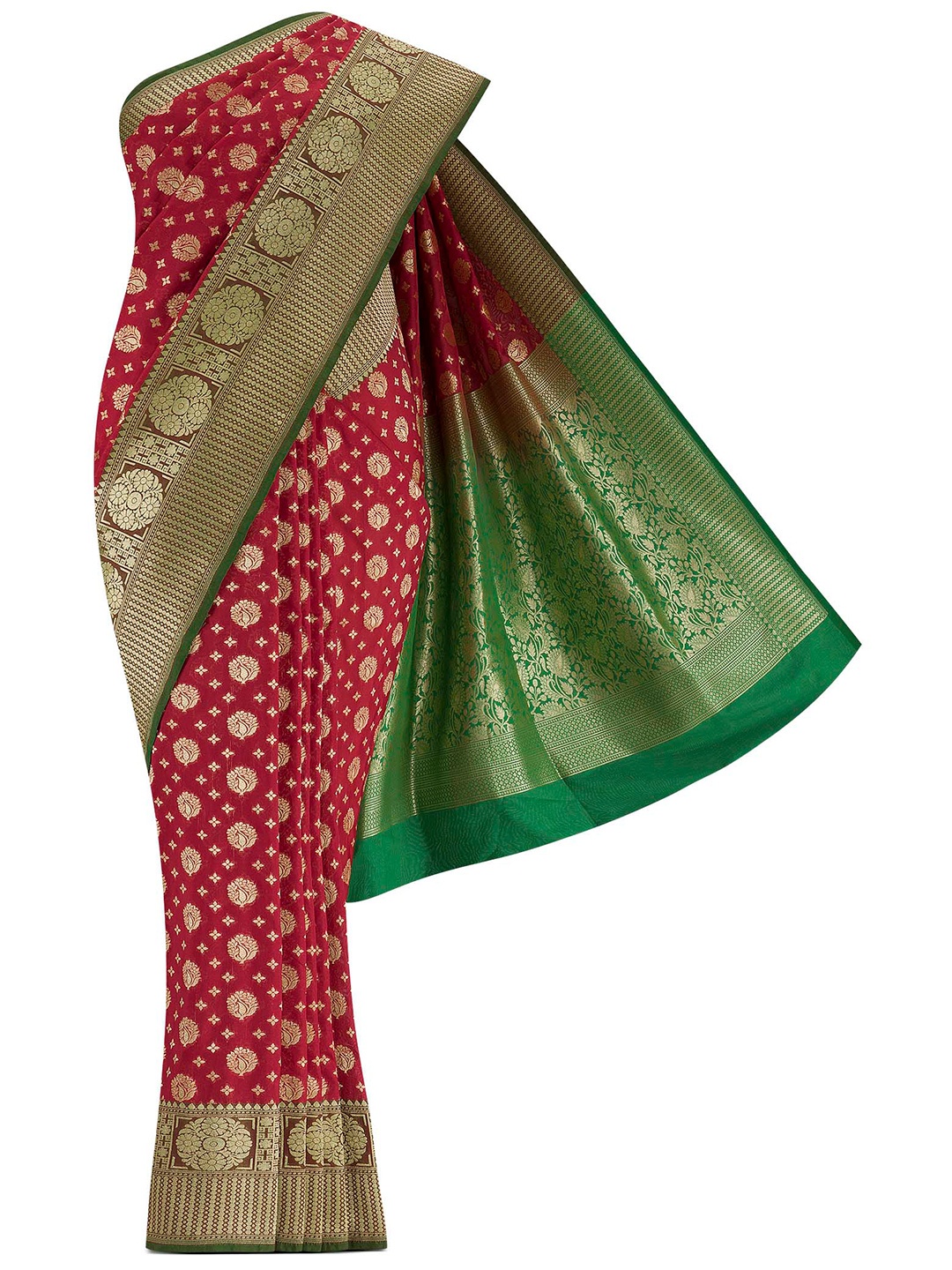 

Nalli Next Red & Green Woven Design Zari Art Silk Banarasi Saree