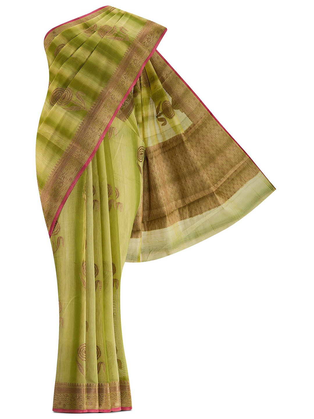 

Nalli Next Green & Gold-Toned Woven Design Zari Silk Cotton Banarasi Saree