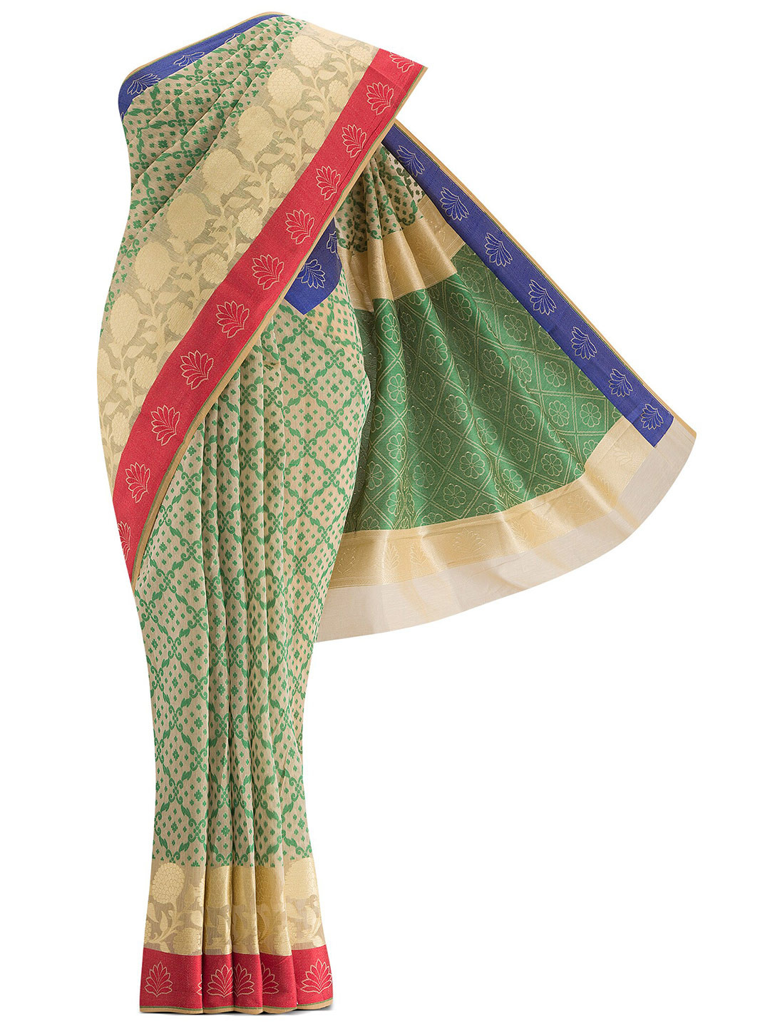 

Nalli Next Beige & Green Woven Design Zari Silk Cotton Banarasi Saree