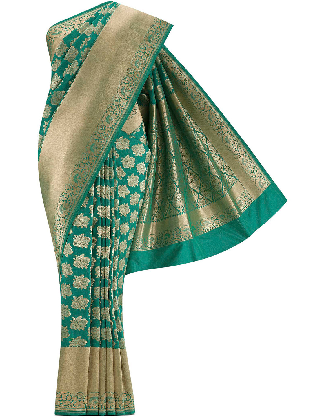 

Nalli Next Green & Gold-Toned Woven Design Zari Art Silk Banarasi Saree