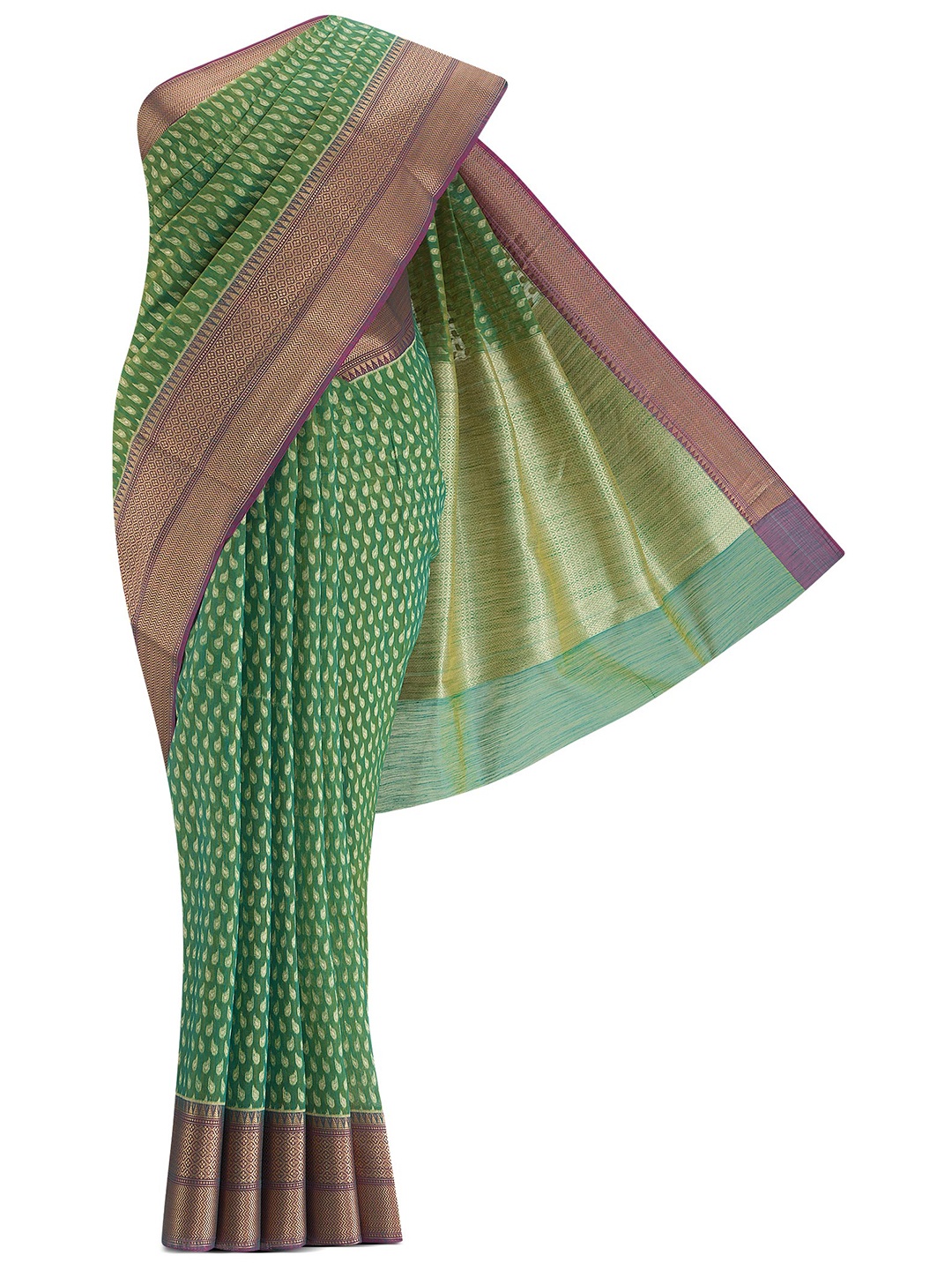 

Nalli Next Green & Purple Ethnic Motifs Zari Silk Cotton Banarasi Saree