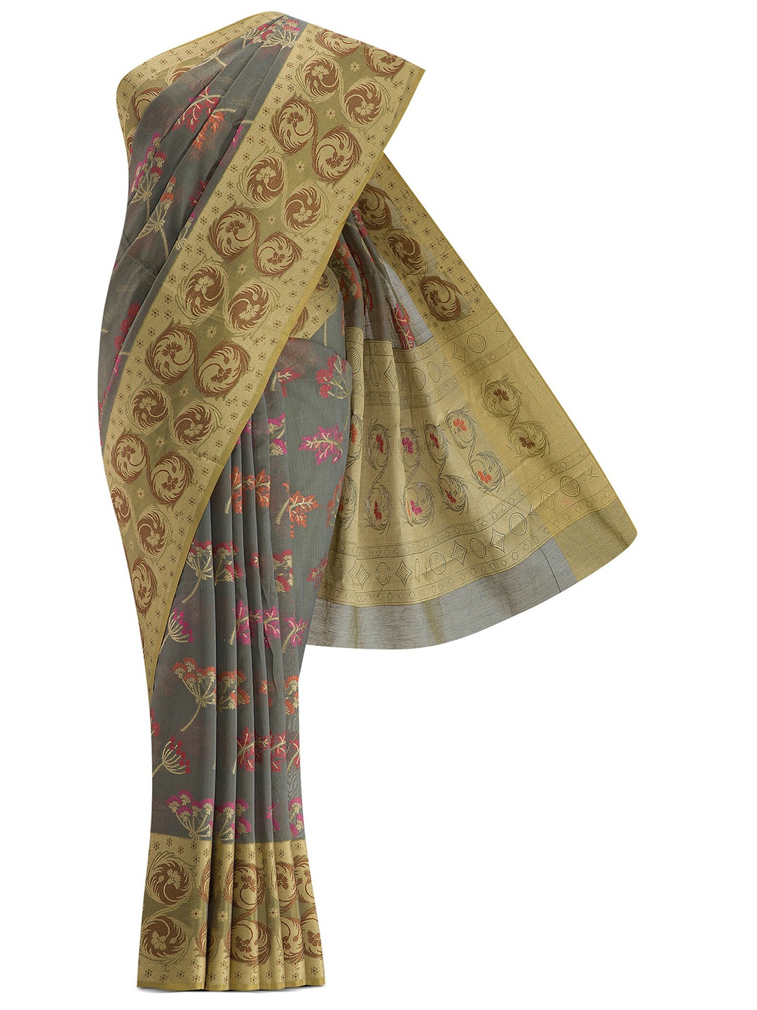 

Nalli Next Grey & Gold-Toned Floral Zari Silk Cotton Banarasi Saree