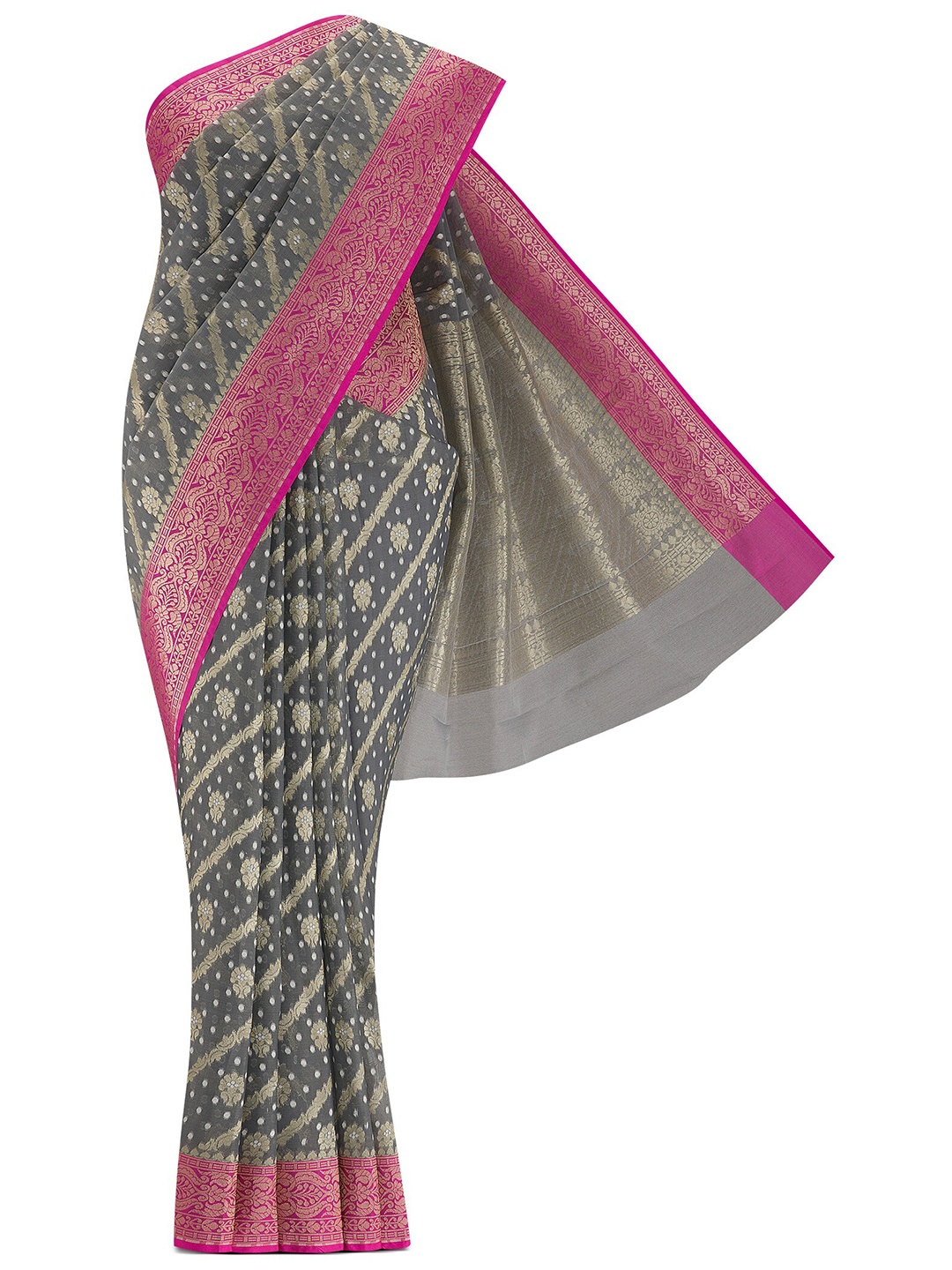 

Nalli Next Grey & Gold-Toned Woven Design Zari Organza Saree