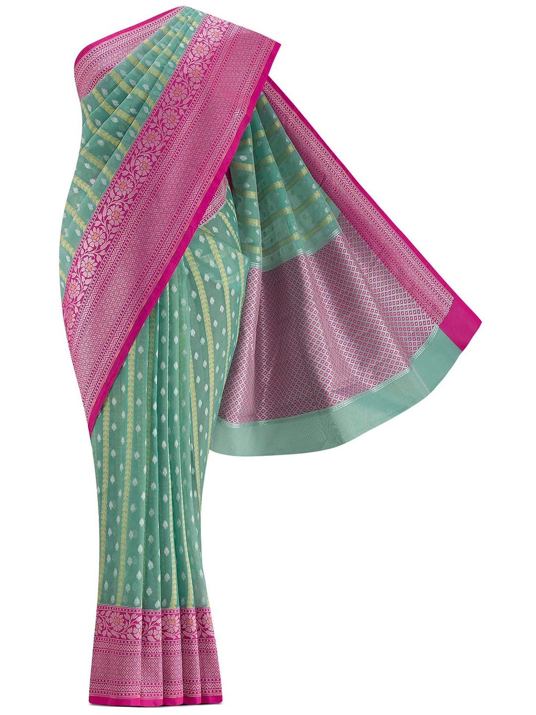 

Nalli Next Green & Pink Striped Zari Organza Saree