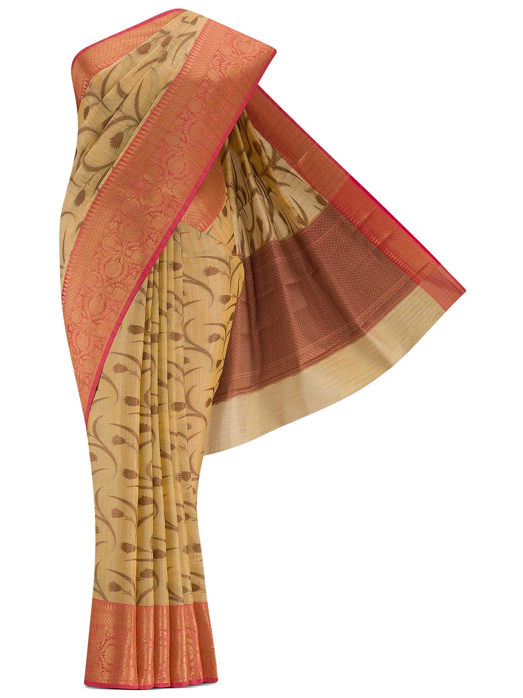 

Nalli Next Yellow & Pink Woven Design Zari Silk Cotton Banarasi Saree