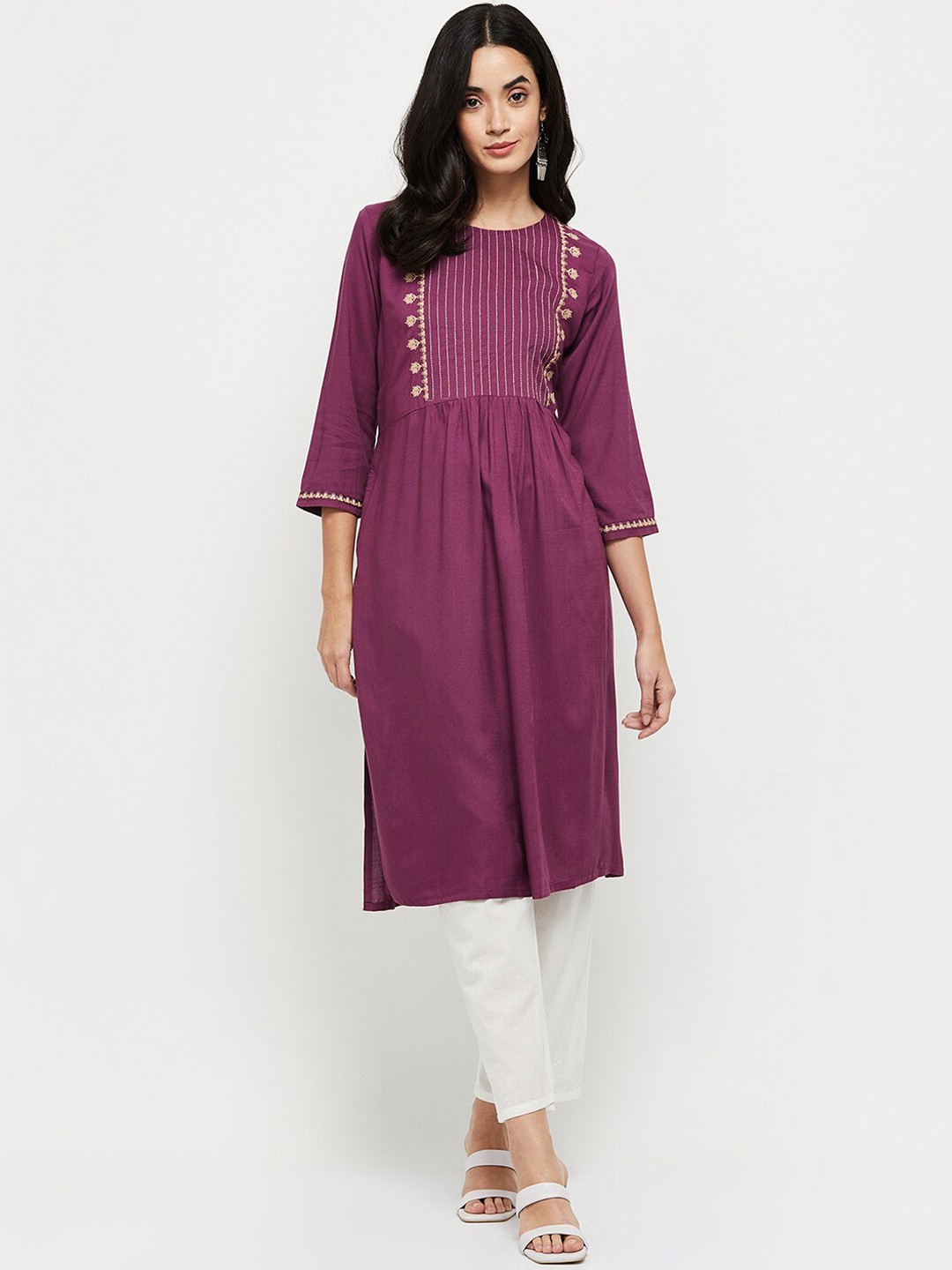 

max Women Purple & Gold-Toned Yoke Design Thread Work Kurta