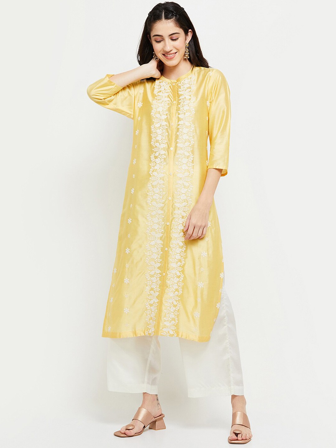 

max Women Yellow Ethnic Motifs Embroidered Thread Work Pastels Kurta