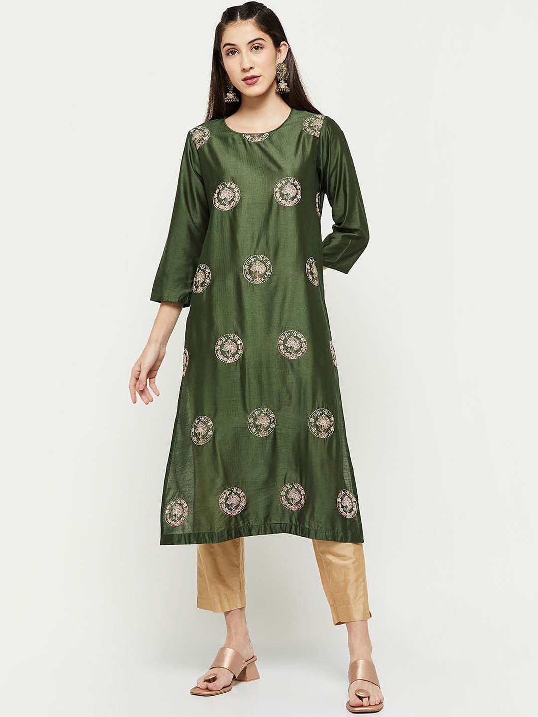 

max Women Green Ethnic Motifs Embroidered Kurta