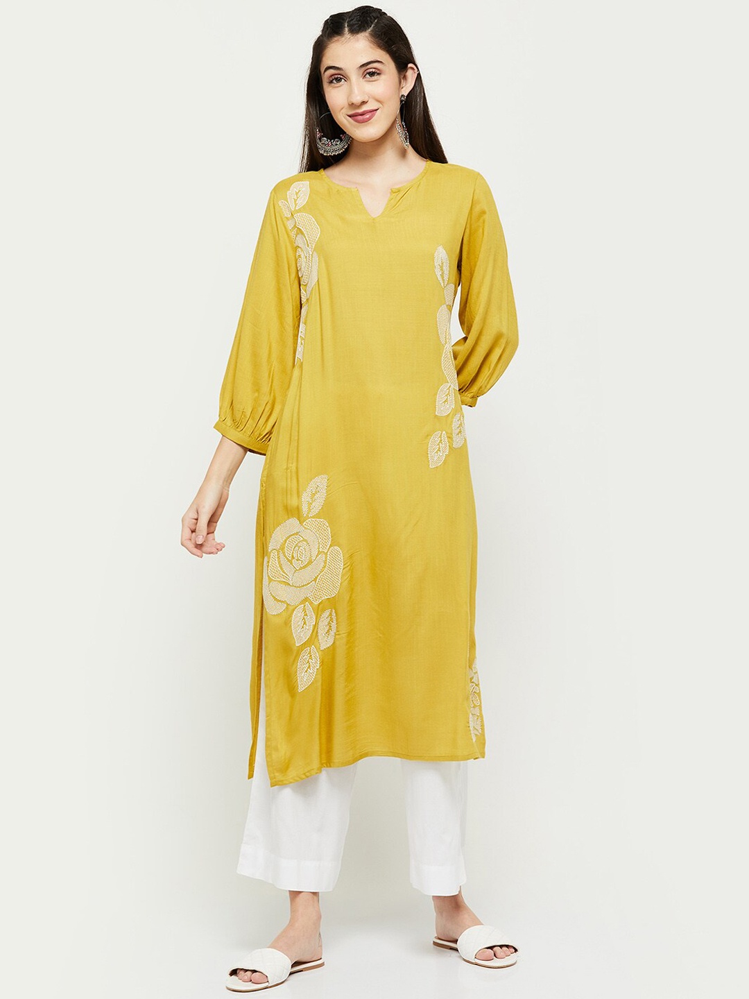 

max Women Yellow Ethnic Motifs Embroidered Thread Work Kurta