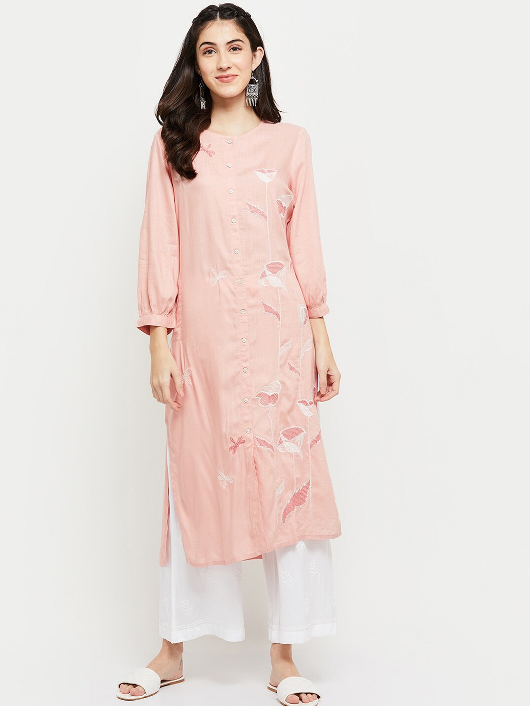 

max Women Peach-Coloured Embroidered Straight Kurta