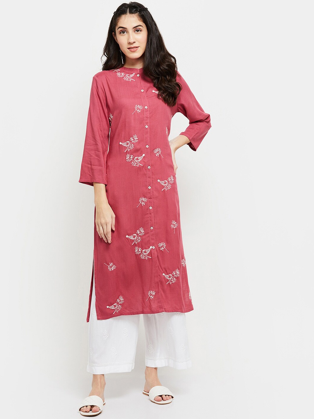 

max Women Pink Floral Embroidered Flared Sleeves Thread Work Kurta