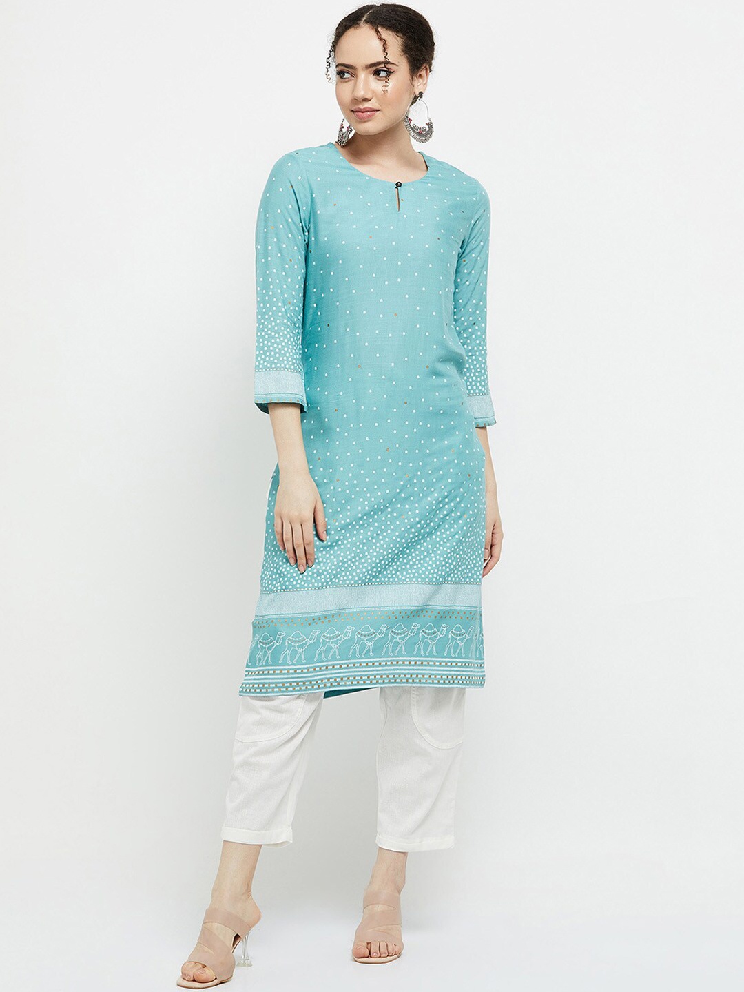 

max Women Blue & White Geometric Printed Keyhole Neck Kurta