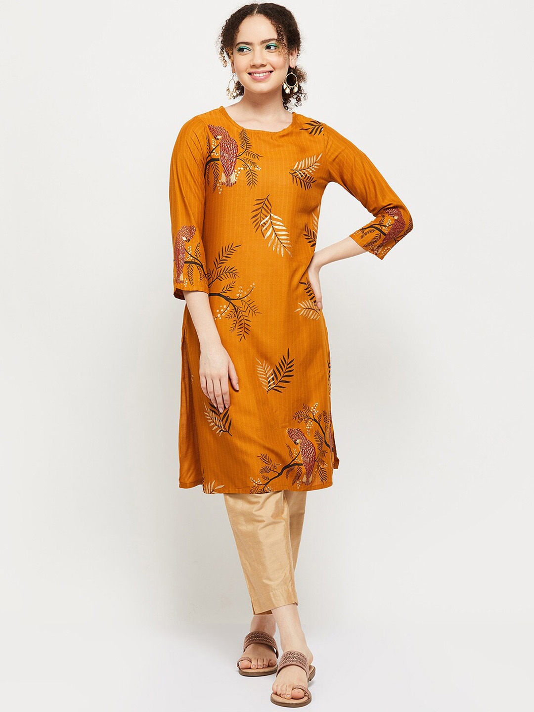 

max Women Mustard Yellow Floral Printed Kurta