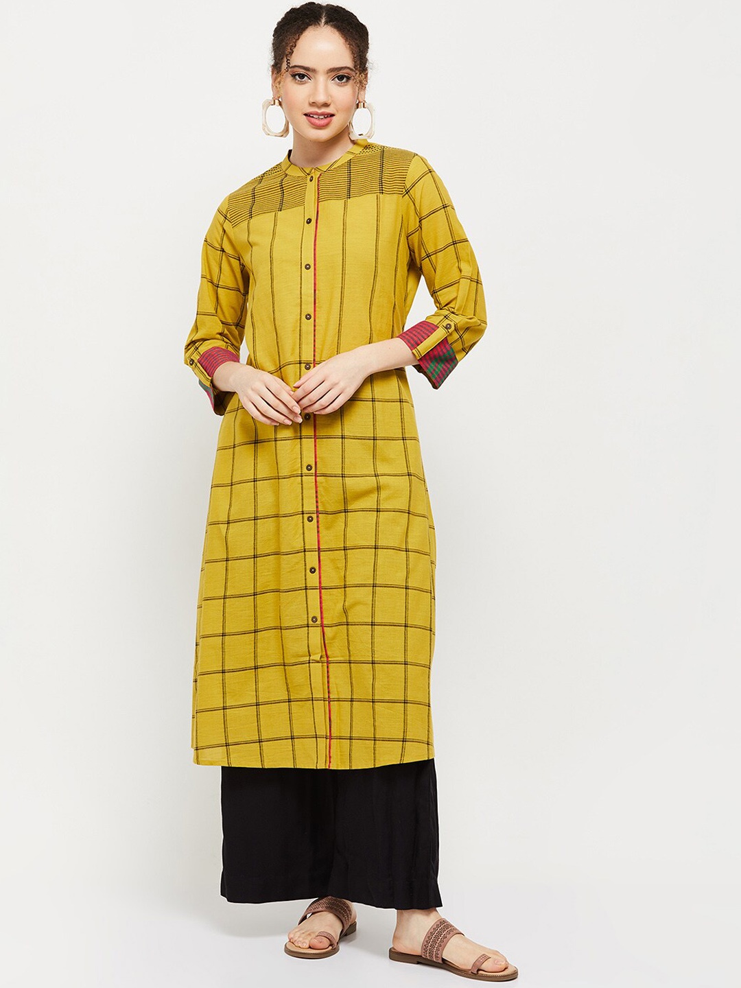 

max Women Yellow Checked Straight Kurta