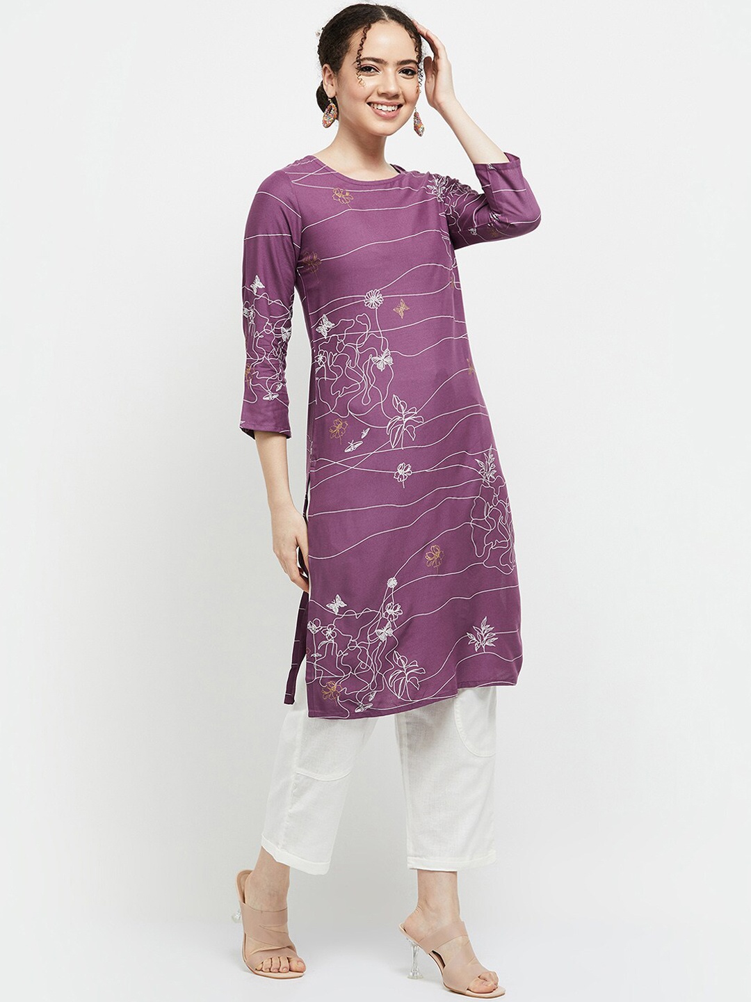 

max Women Lavender & White Printed Kurta