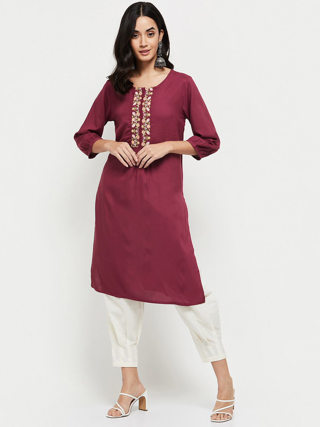 

max Women Brown Yoke Design Thread Work Kurta