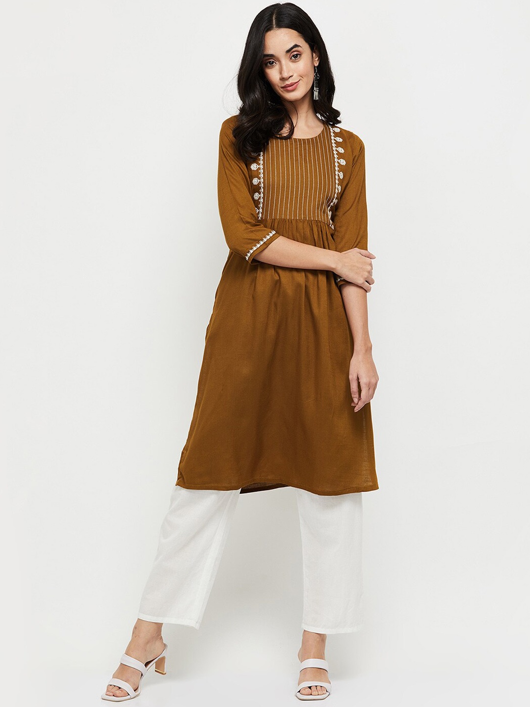 

max Women Brown Striped Thread Work Kurta