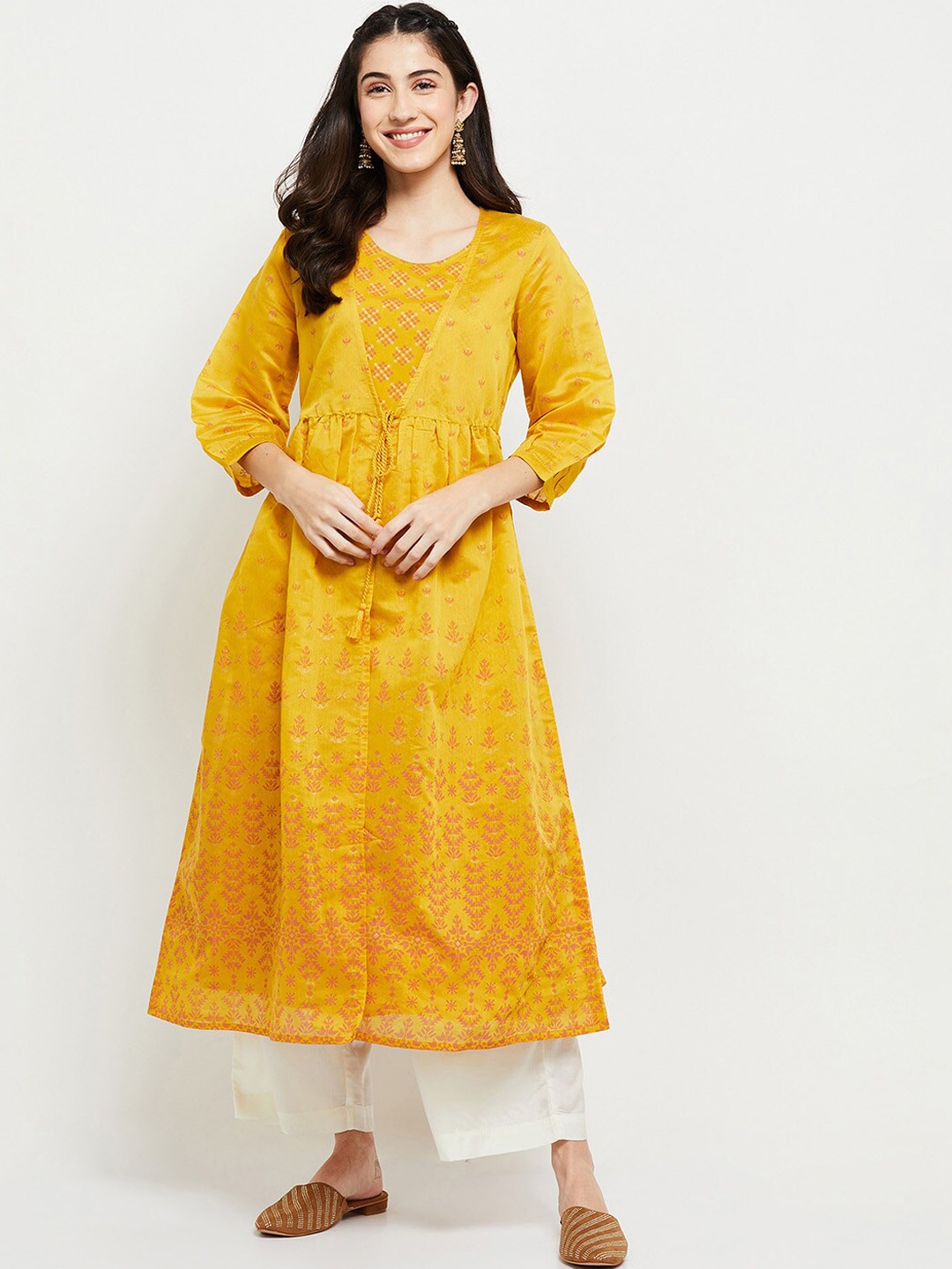 

max Women Mustard Yellow Ethnic Motifs Printed Thread Work Anarkali Kurta