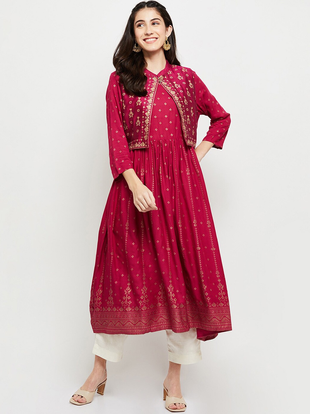

max Women Pink Ethnic Motifs Striped Anarkali Kurta