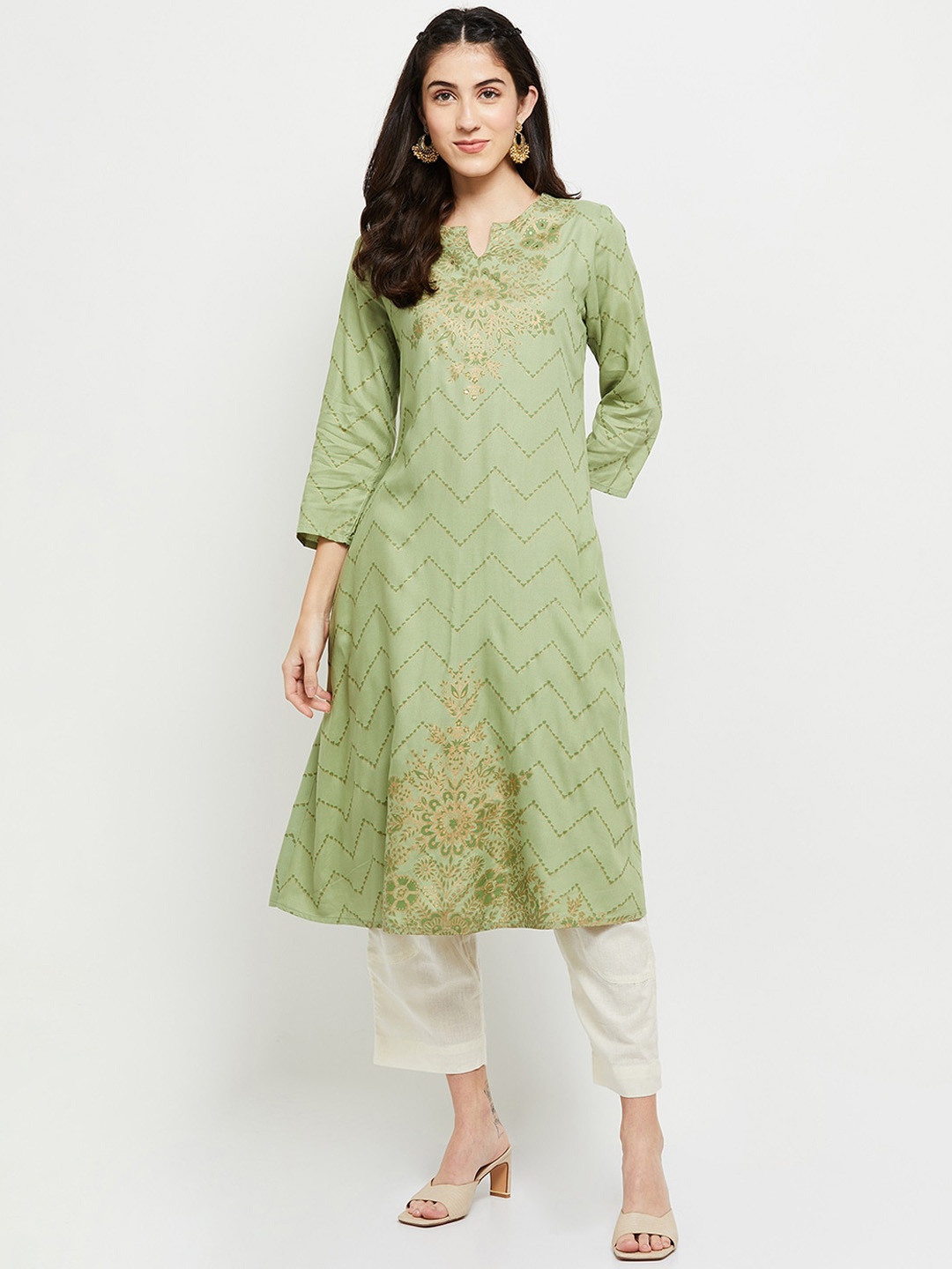 

max Women Green Ethnic Motifs Printed A-Line Kurta