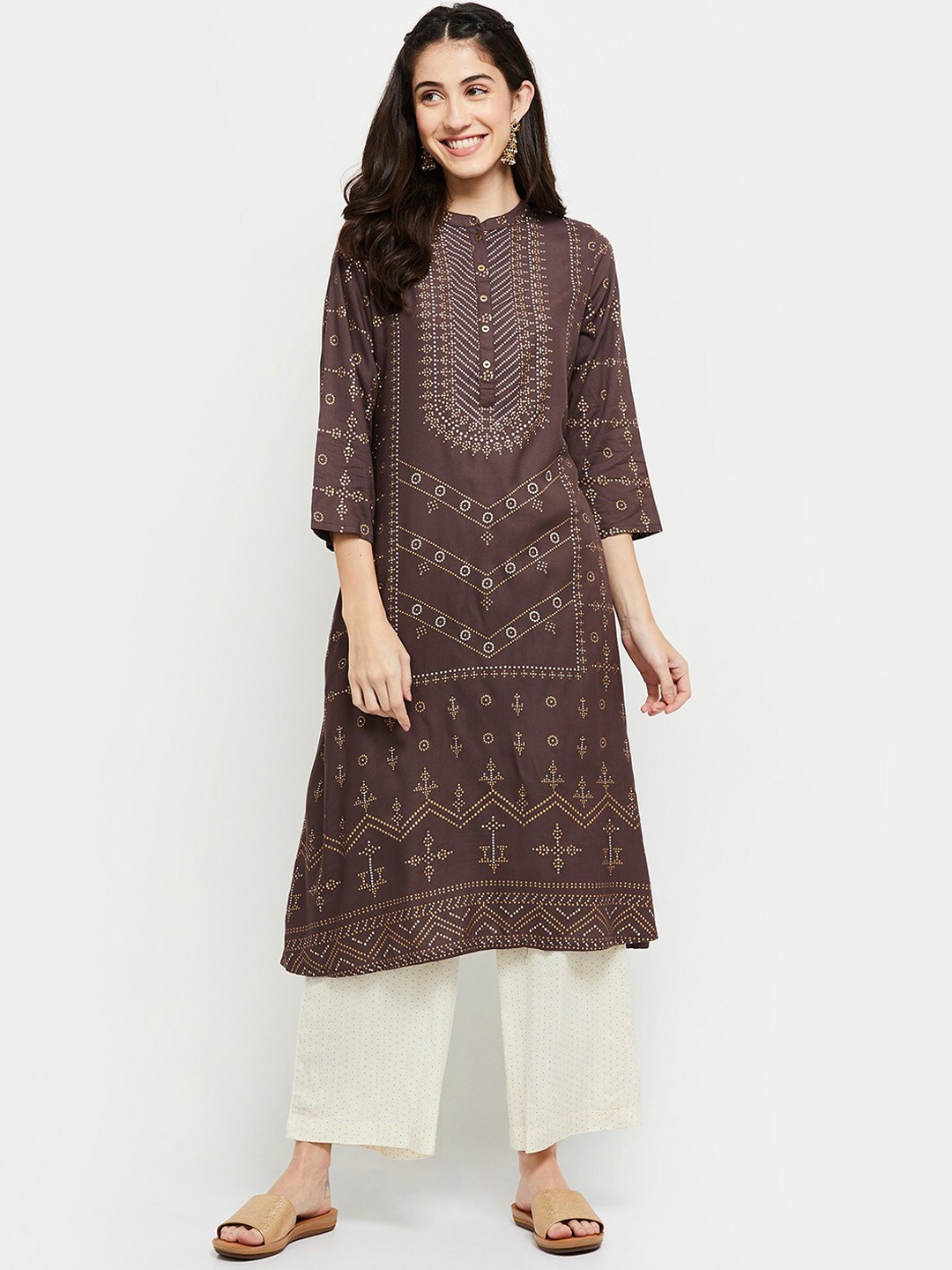 

max Women Taupe Ethnic Motifs Round Neck Kurta