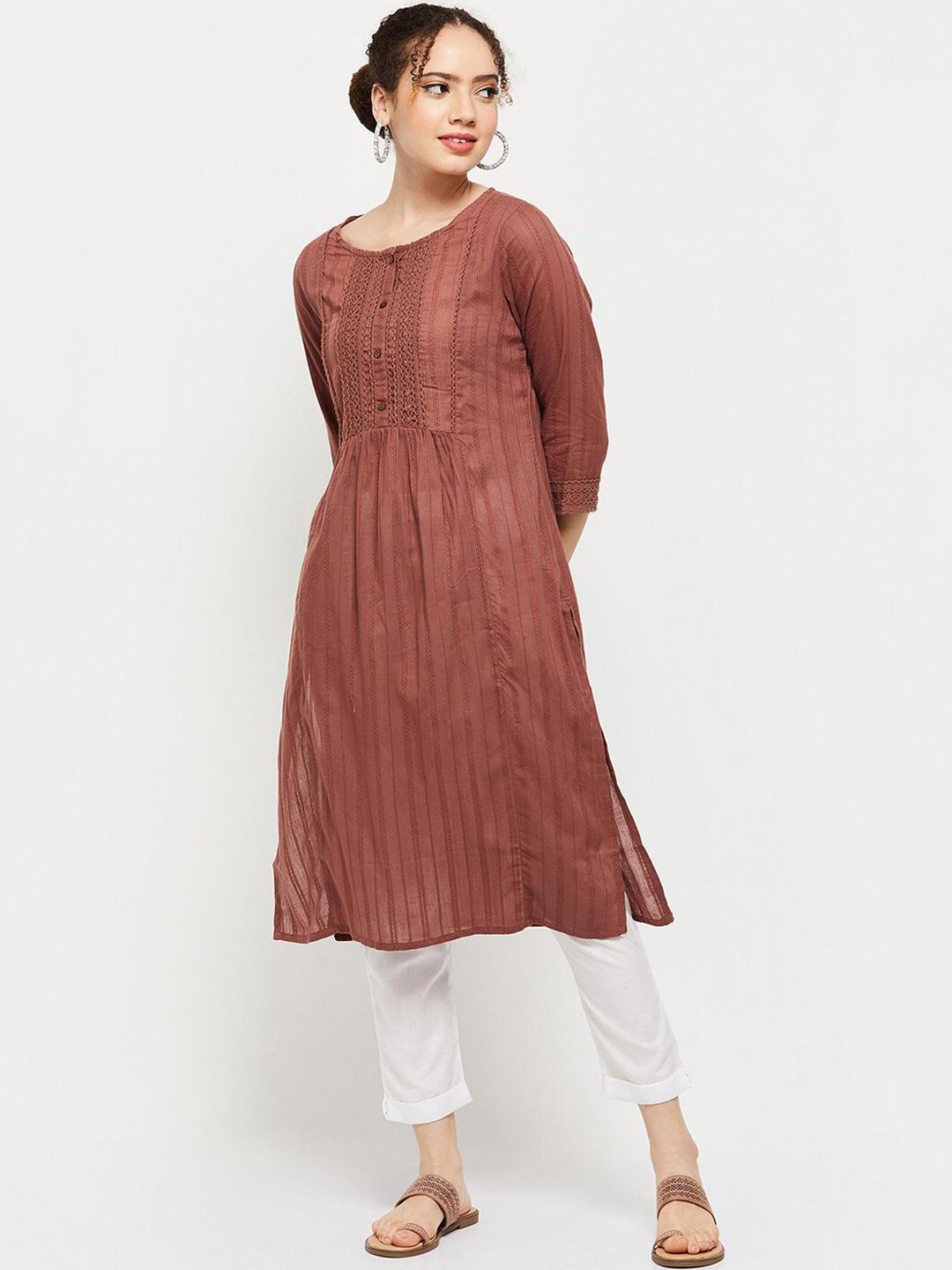 

max Women Brown Solid Pure Cotton Kurta