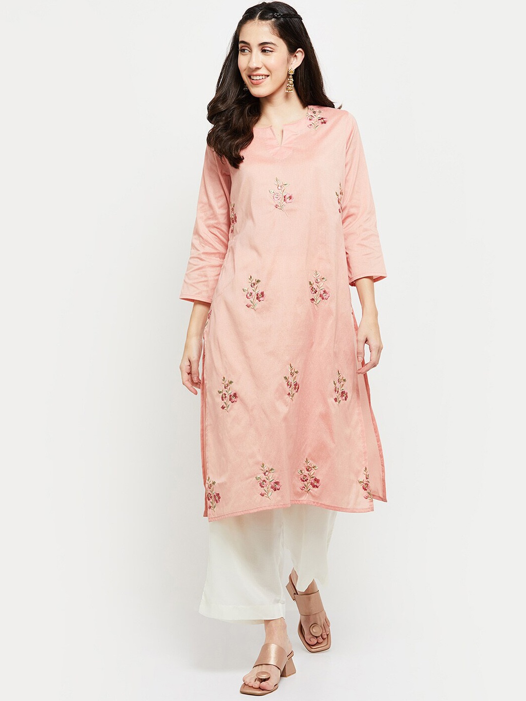 

max Women Peach-Coloured Floral Embroidered Thread Work Kurta