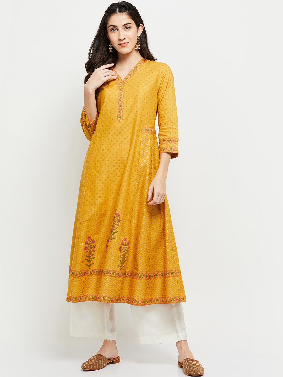 

max Women Mustard Yellow Printed Kurta