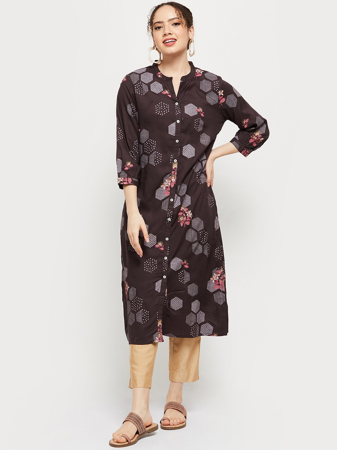 

max Women Brown Geometric Printed Kurta