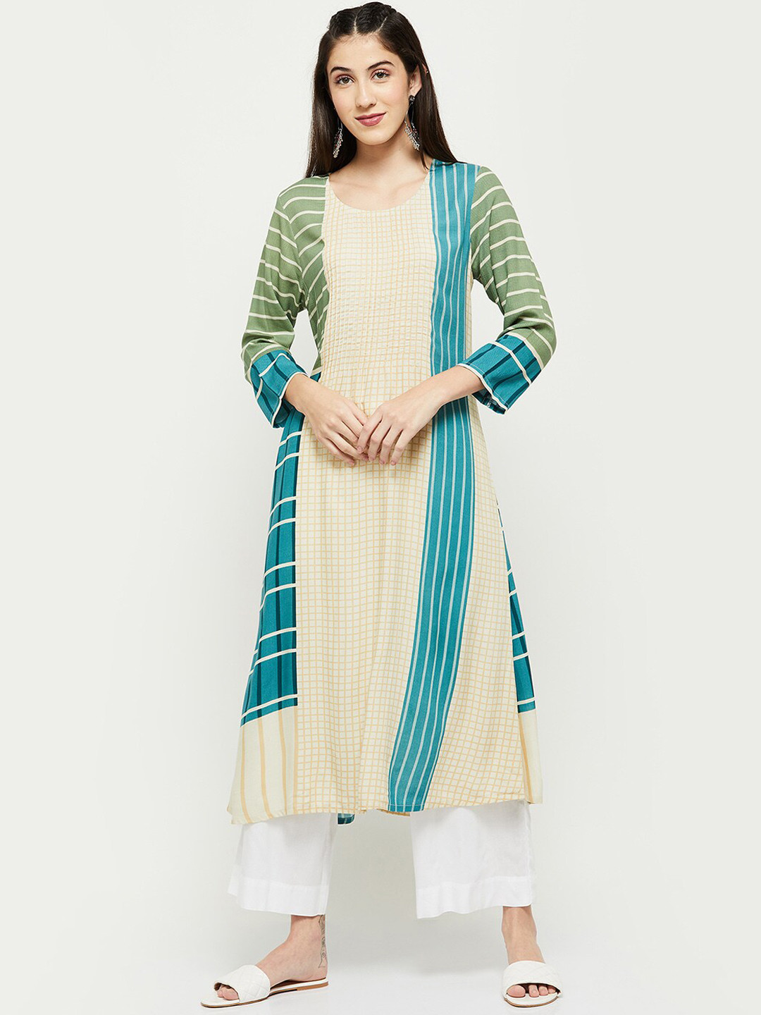 

max Women Beige Printed Thread Work Kurta
