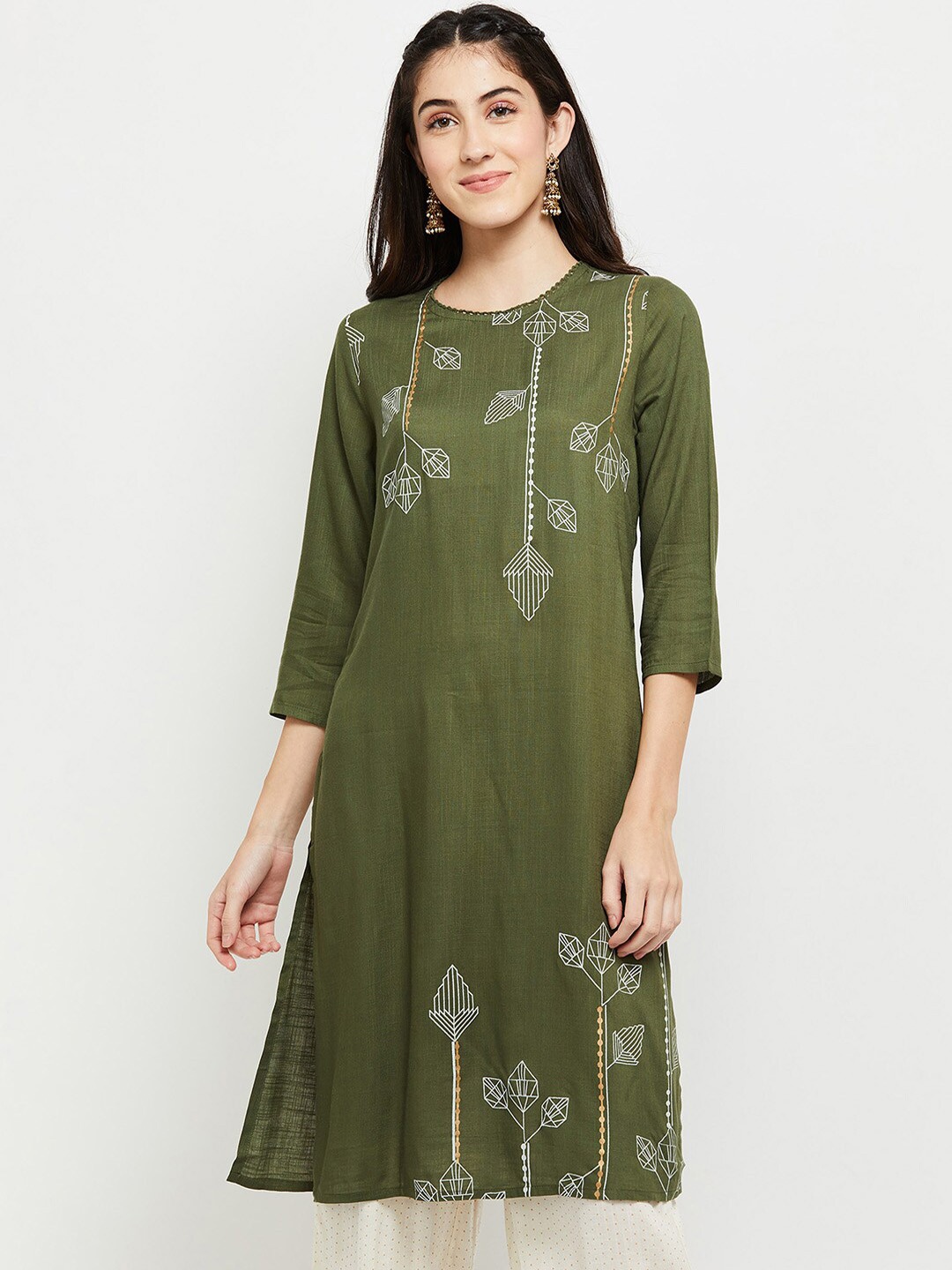 

max Women Olive Green & White Floral Printed Thread Work Kurta