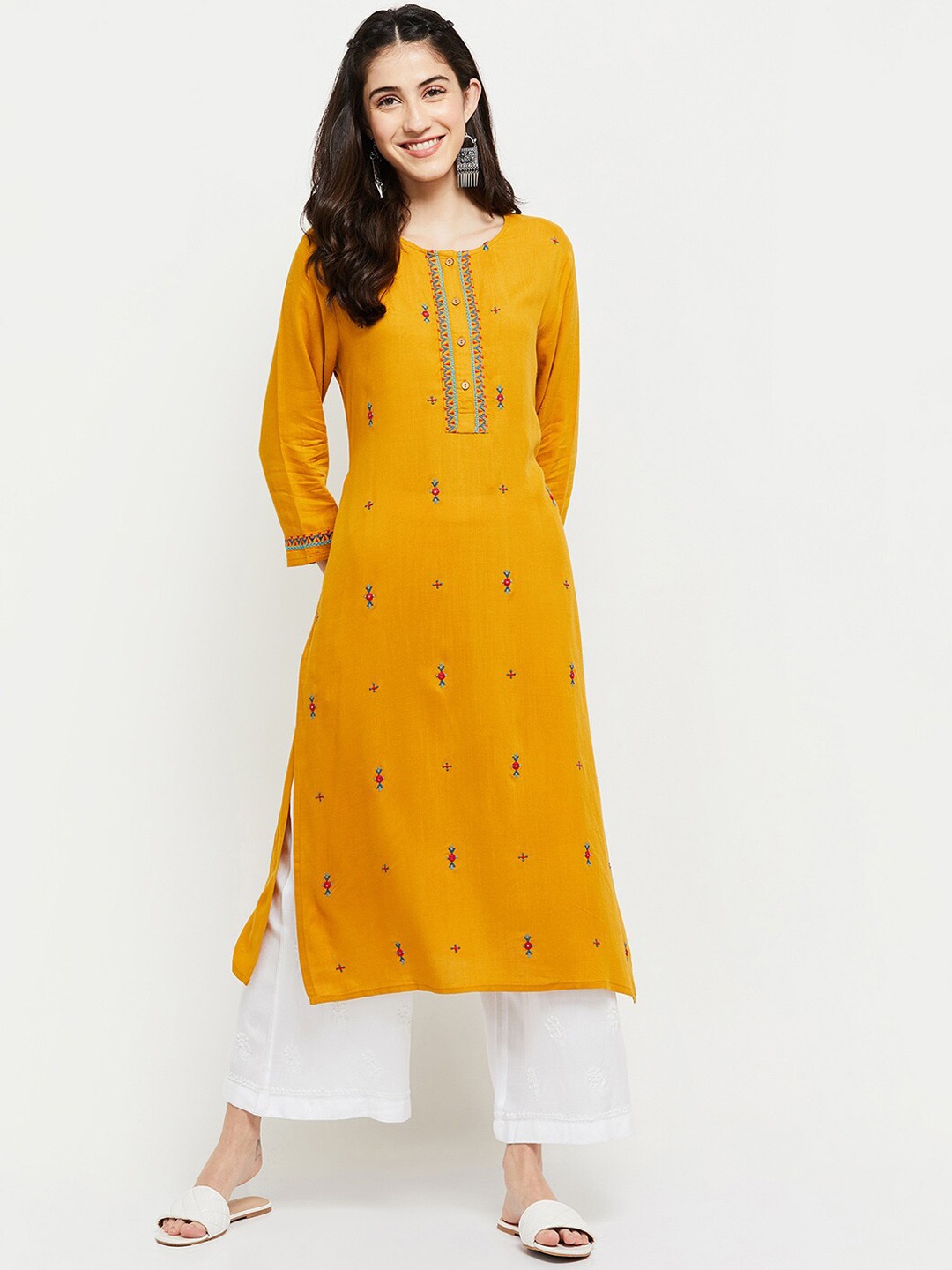 

max Women Mustard Yellow Ethnic Motifs Embroidered Thread Work Kurta