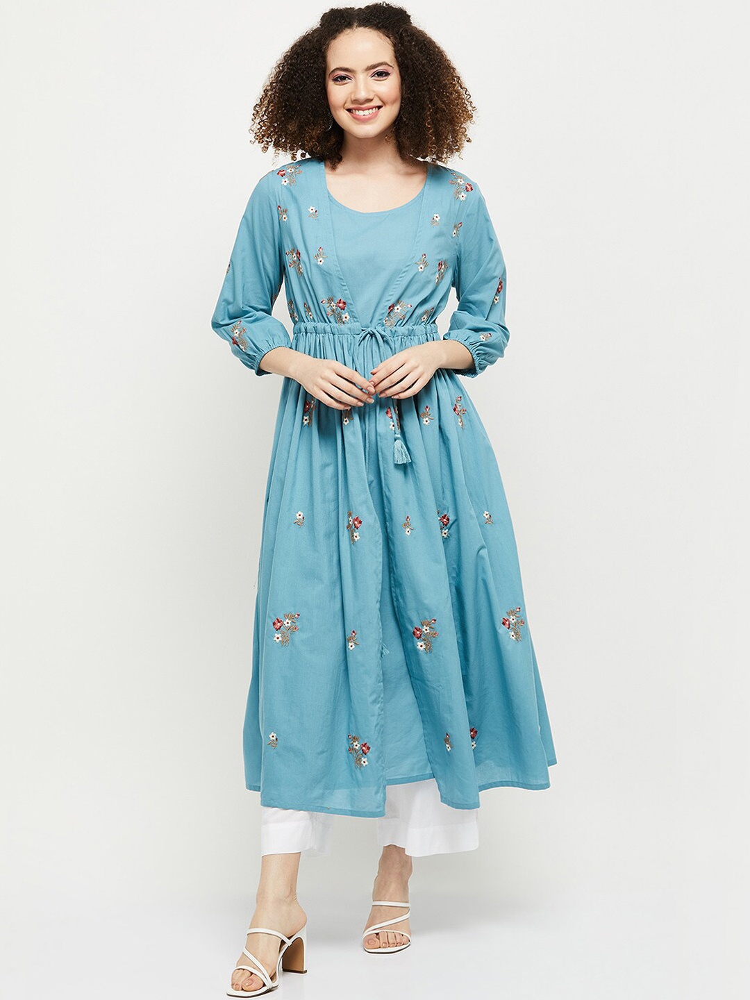 

max Women Blue Floral Embroidered Cotton Anarkali Kurta