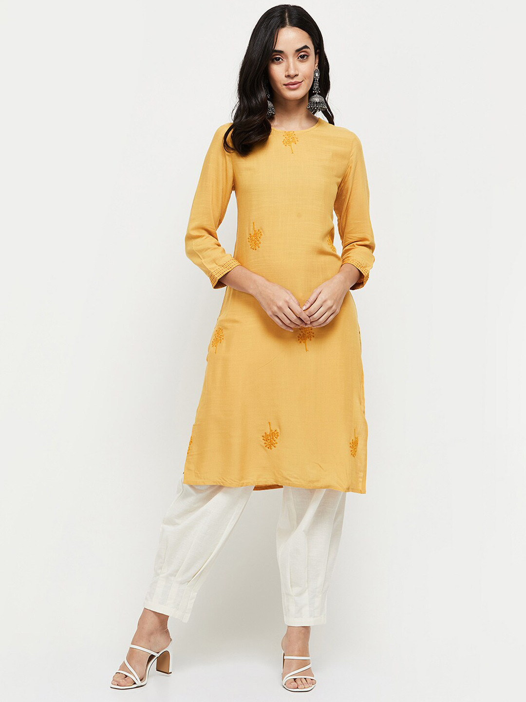 

max Women Mustard Yellow Ethnic Motifs Embroidered Thread Work Kurta