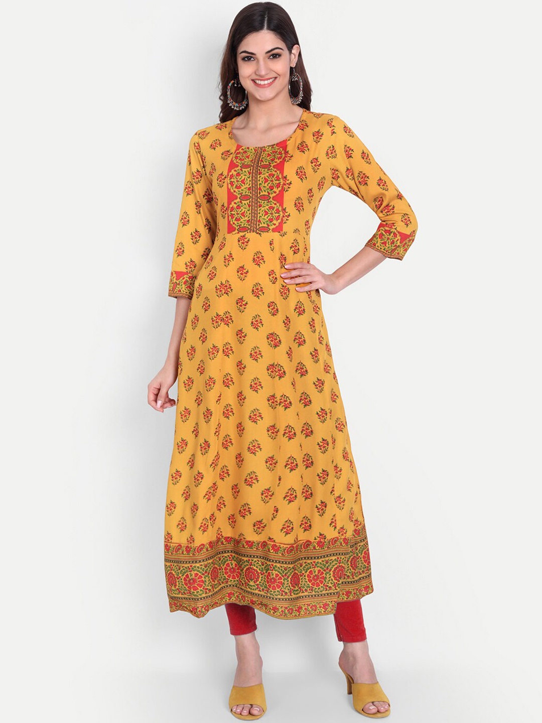 

KASHEEDA Women Yellow Viscose Rayon Floral Printed Anarkali Kurta