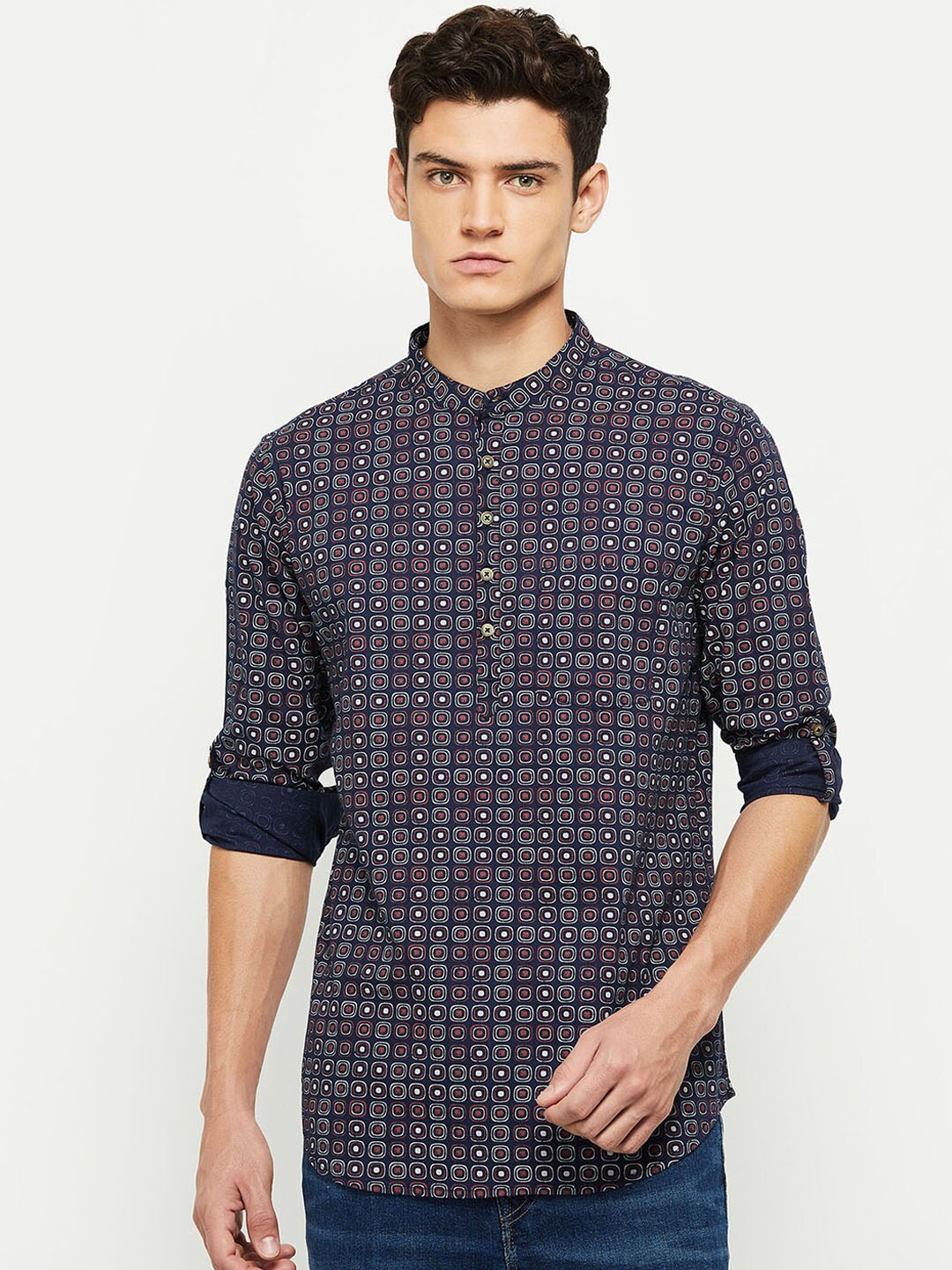 

max Men Navy Blue Geometric Printed Pathani Kurta