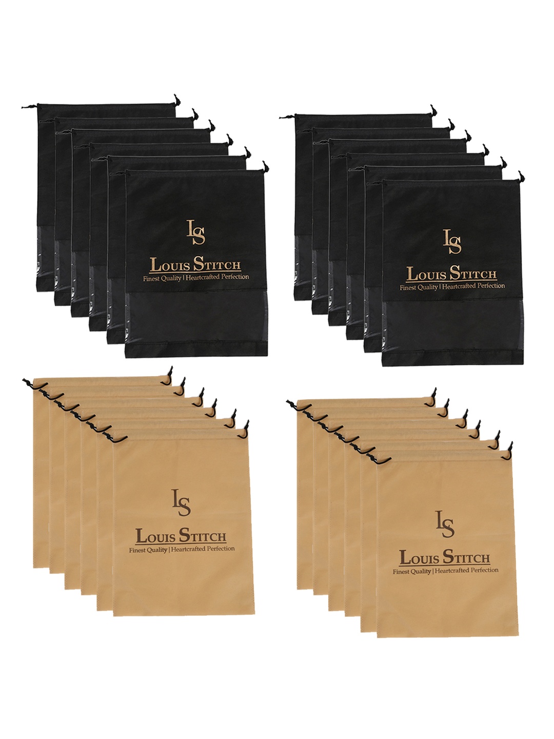 

LOUIS STITCH Men Set Of 24 Beige & Black Solid Shoe Bags