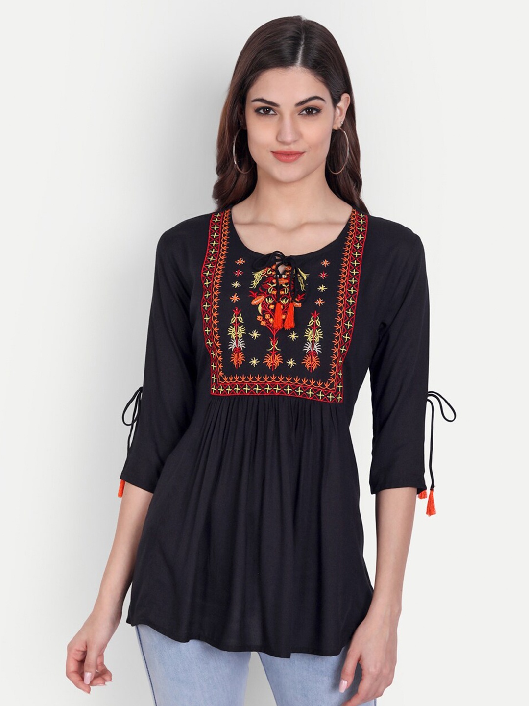 

KASHEEDA Black Embroidered Tie-Up Neck Top