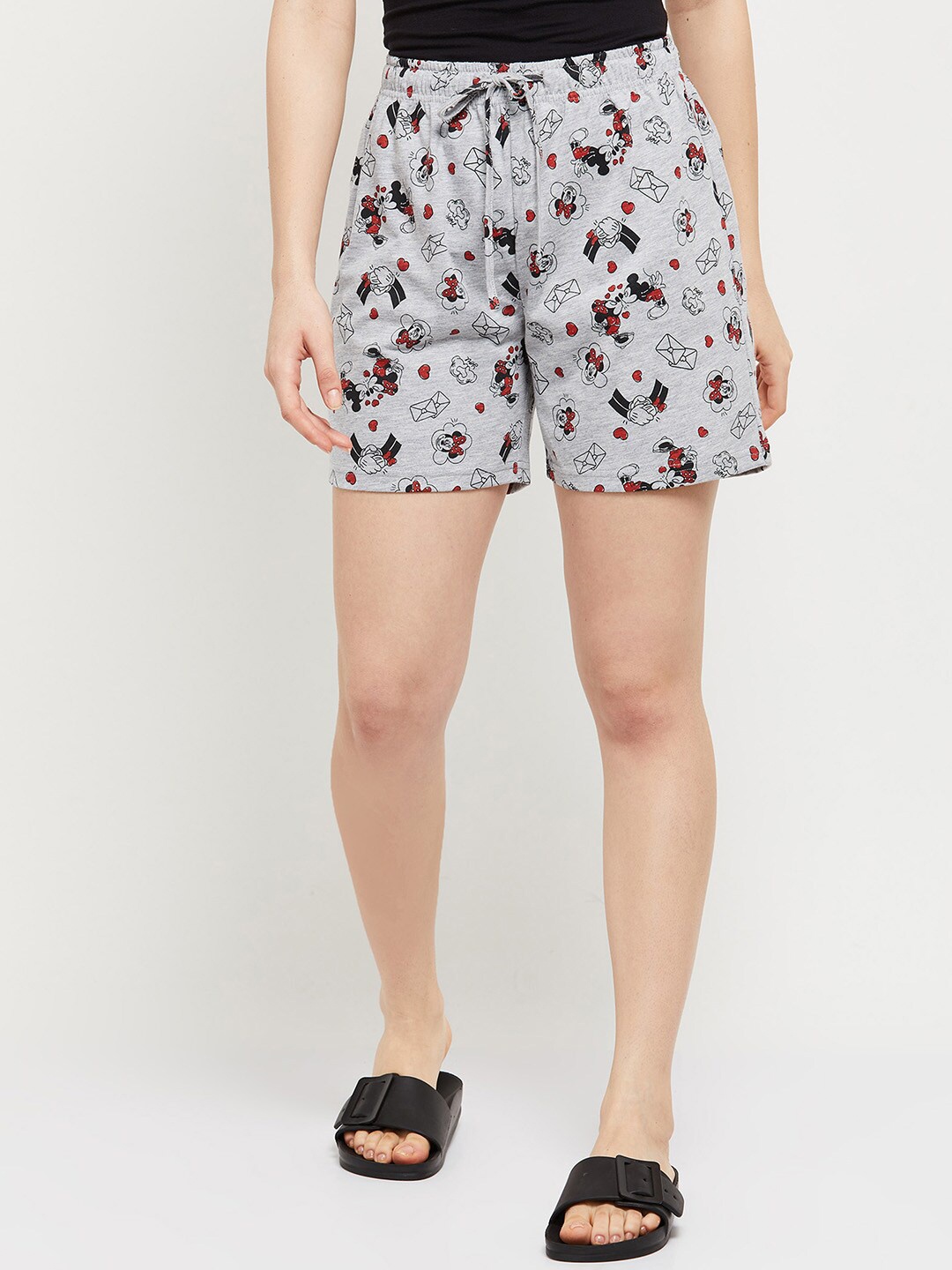 

max Women Grey Melange Mickey & Minnie Printed Lounge Shorts