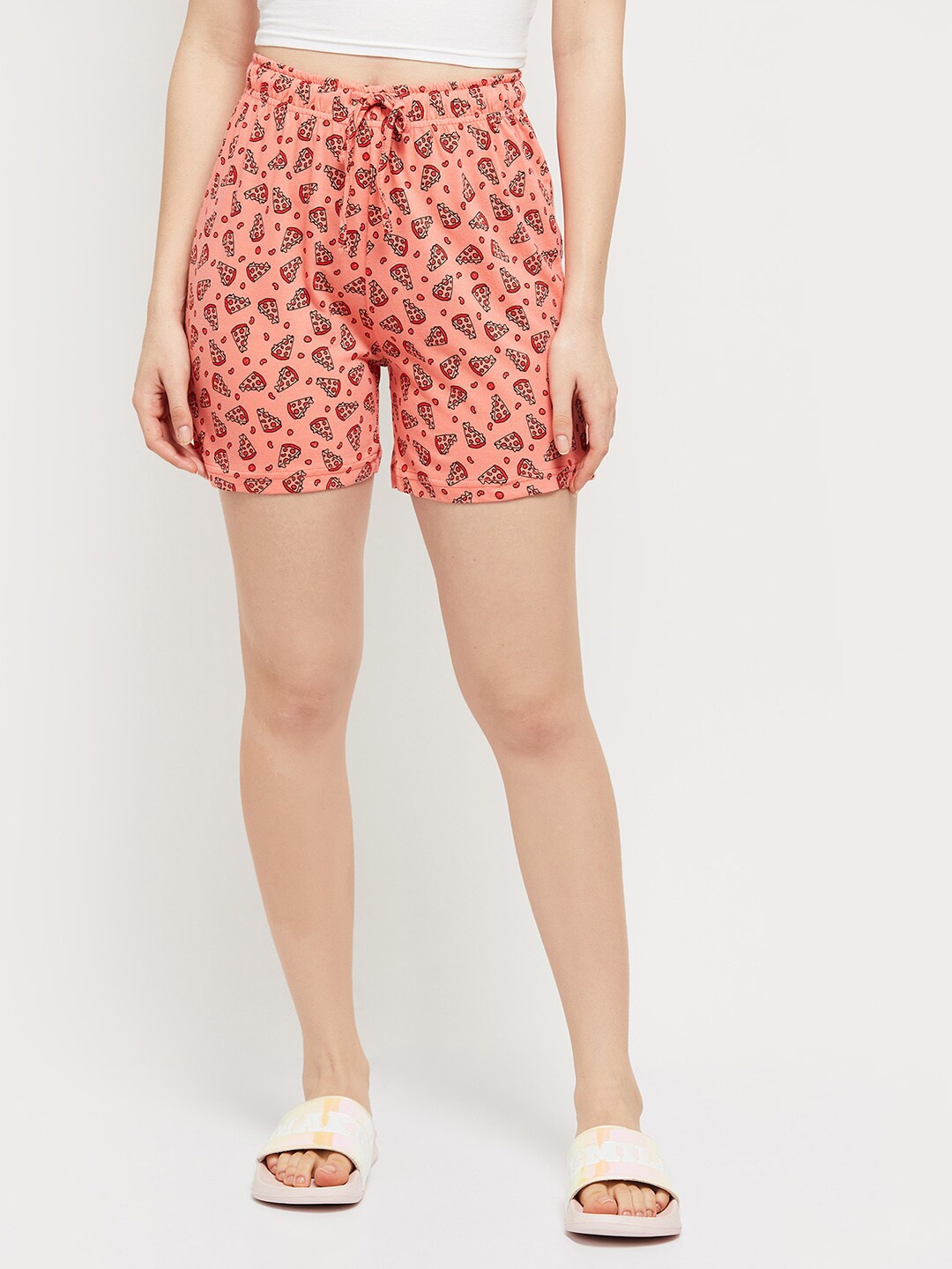

max Women Peach-Coloured & Black Printed Lounge Shorts