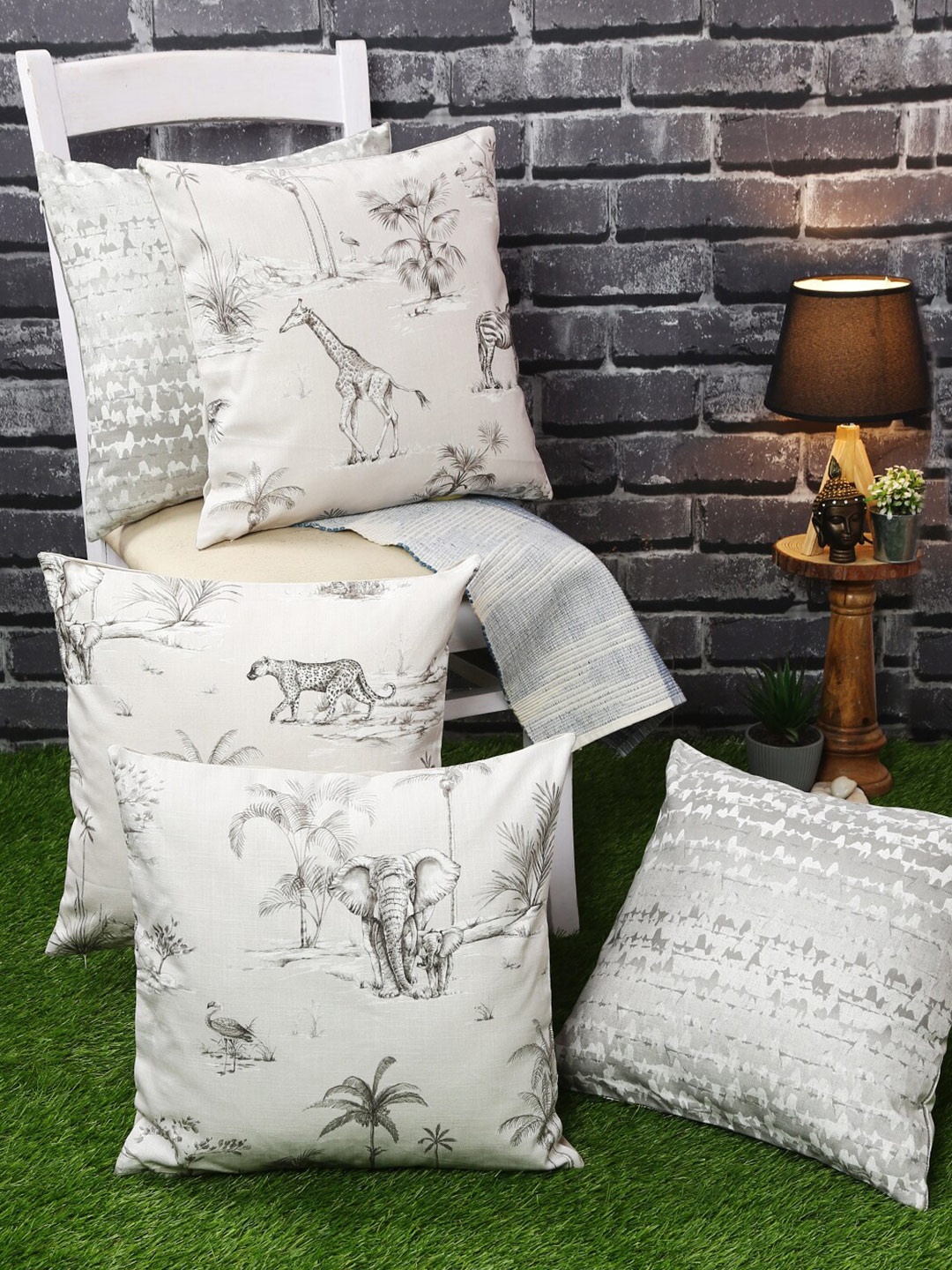 

Just Home Set of 5 Grey & White Pure Cotton Digital Printed Square Cushion Cover